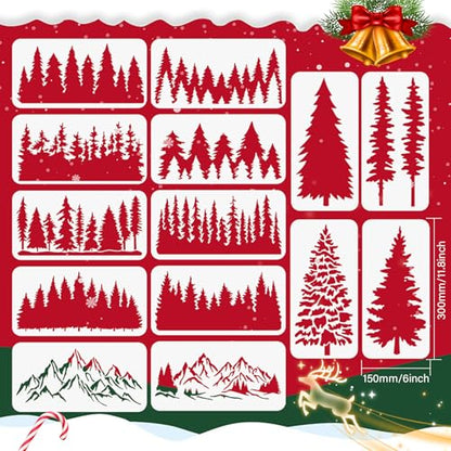ORIGACH 14 Pcs Large Pine Tree Stencils for Painting, 11.8x6inch | Reusable Tree Painting Stencils for Fabric Canvas Window Furniture Home Decor - style: Pine Tree