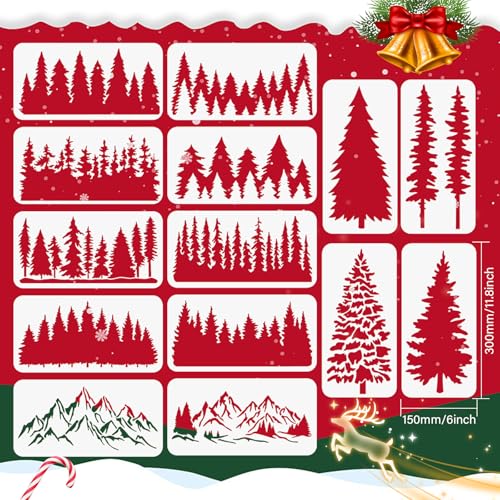 ORIGACH 14 Pcs Large Pine Tree Stencils for Painting, 11.8x6inch | Reusable Tree Painting Stencils for Fabric Canvas Window Furniture Home Decor - style: Pine Tree