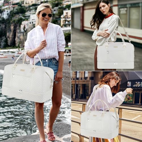 ITIEZY Weekender Bag for Women 21.5" Travel Duffel Large Carry On Bag 3PCS | Nylon Duffel Bag with Waterproof Shoe Compartment, Crossbody Bag and Toiletry Bag, Travel Weekend Hospital Overnight Gym Bag - color: 9A-Off White