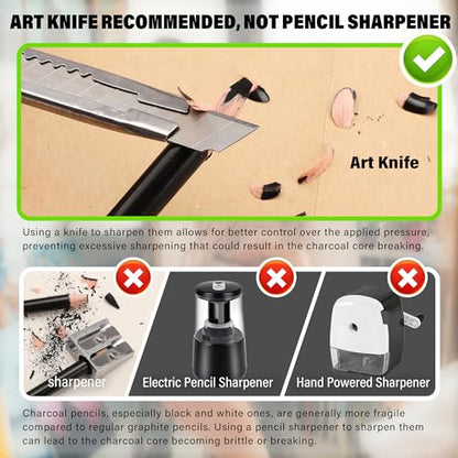 KALOUR Professional Charcoal Pencils Drawing Set -12 Pieces Soft, Medium and Hard Charcoal Pencils for Drawing, Sketching, Shading, Artist Pencils for Beginners & Artists - style: 12 Black Charcoal Pencils