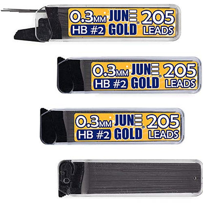 June Gold 0.3 mm, 820 Lead Refills, HB #2, 4 Dispensers/w 205 Pieces Each | Extra Fine Thickness, Break Resistant Graphite, Elegant Dispensing Mechanism - color: Hb Graphite, style: 0.3 mm
