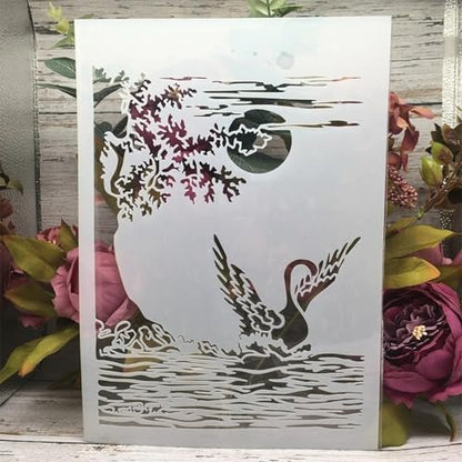 TIAMECH A4 Reusable Swan Lake Stencil for Painting | Spread Wings Swan Moon Layering Template, DIY Wall Art, Wood Furniture, Scrapbook & Crafts (8.3x11.7inch) - style: Swan Lake