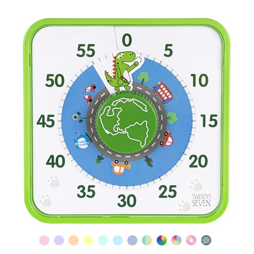 TWENTY5 SEVEN Countdown Timer 7.5 inch, 60 Minute 1 Hour Visual Timer for Classroom Teaching Tool Office Meeting, Mechanical Countdown Clock for Kids Exam Time Management Magnetic, Green Dinosaur - color: Green Dino