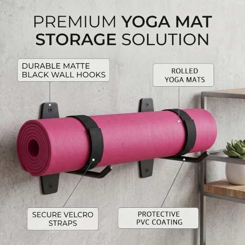 Yoga Mat Wall Mount Holder & Straps for Eyelet Workout Mat Hanging Storage | 2 Hooks, 2 Adjustable Elastic Straps & 1 Carry Sling - Home Gym Storage Hanger for Exercise Mat, Pilates Mats & Foam Rollers