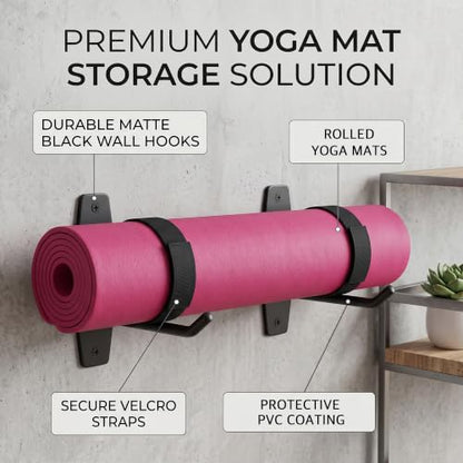 Yoga Mat Wall Mount Holder & Straps for Eyelet Workout Mat Hanging Storage | 2 Hooks, 2 Adjustable Elastic Straps & 1 Carry Sling - Home Gym Storage Hanger for Exercise Mat, Pilates Mats & Foam Rollers