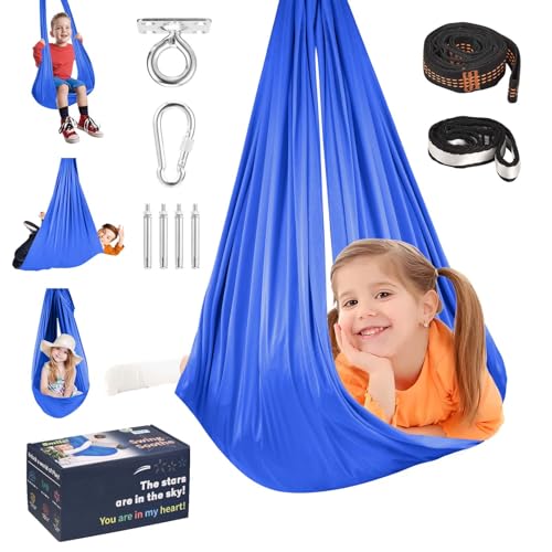 Sensory Joy Swing for Kids, Elastic and Soft Fabric Therapy Swing for Autism, ADHD, Asperger – Indoor Outdoor Sensory Swing for Children, Cozy Cuddle Hammock Chair Autism Swings Indoor（Jewelry Blue） - color: Jewelry Blue