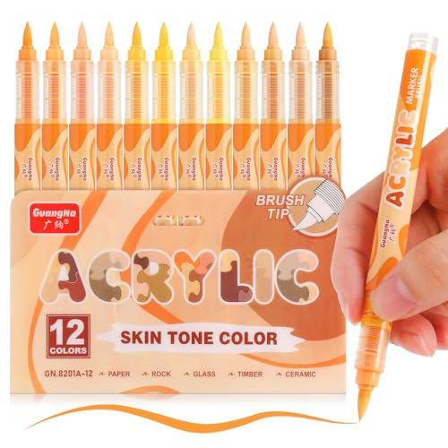 kander Guangna Acrylic Paint Markers 12 Colors, Skin Tone Series Set with Soft Brush Tip Water Based, Fine Tip Markers for Wood, Canvas, Rock Painting, Glass, Diy Crafts, Fabric Paint - color: Light Skin
