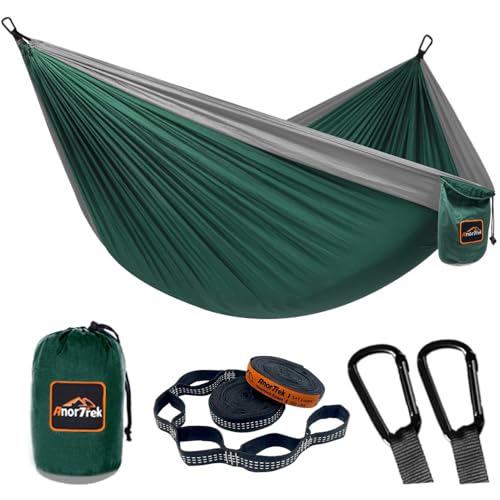 AnorTrek Camping Hammock, Super Lightweight Portable Parachute Hammock with Two Tree Straps Single or Double Nylon Travel Tree Hammocks for Camping Backpacking Hiking - color: Dark Green&light Grey, size: Double 118''L x 78''W
