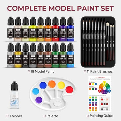 Nicpro All-In-One Miniature Painting Kit, Starter Paint Set with 18 Colors | Model Paint & Thinner(20ml), Palette, 11 Detail Paint Brushes Drybrush, Miniature Paint Set for Models, Scale Figures, Crafts - color: 18 Colors + 11 Paint Brushes + 1 Thinner +