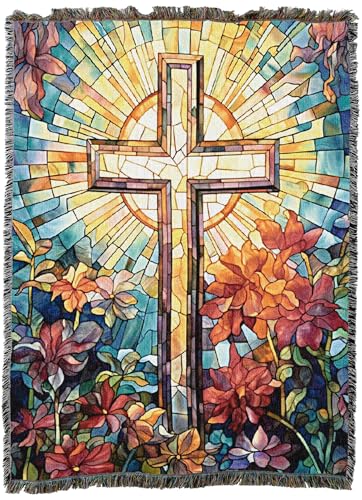Pure Country Weavers Stained Glass Cross Blanket - Religious Gift Tapestry Throw Woven from Cotton - Made in The USA (60X80) - color: Stained Glass Cross, size: 60x80