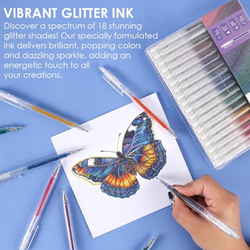 Grabie 18 Color Glitter Gel Pens, Retractable Sparkle Art Pens | Retractable Design, Smooth Gel Ink, Sparkling Finish, Acid Free Ink, Quick Drying, Coloring Books, Journaling, Drawing - color: 18 Colors Retractable Glitter Gel Ink Pens