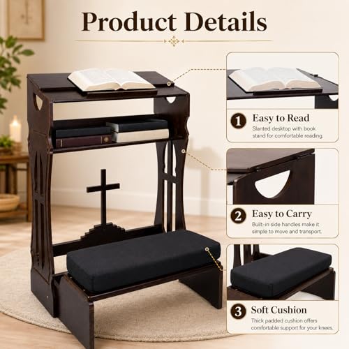 Foldable Prayer Kneeler,Wooden Prayer Bench with Storage Shelf, Cushion Pad,Portable Kneeling Devotional Pew Bench,31" H x 22" W,Ideal for Church and Chapel,Black