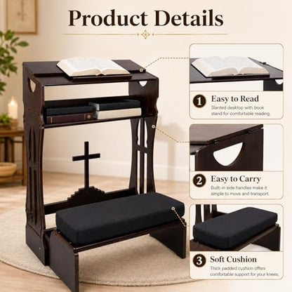 Foldable Prayer Kneeler,Wooden Prayer Bench with Storage Shelf, Cushion Pad,Portable Kneeling Devotional Pew Bench,31" H x 22" W,Ideal for Church and Chapel,Black