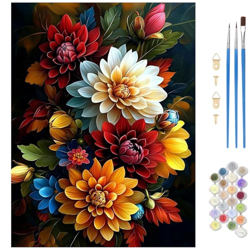 MAXBYE Flower Paint by Numbers Kit for Adults, Beautiful Dahlia Paint by Numbers Kits for Beginner, DIY Acrylic Color by Number on Canvas for Home Wall Decor Gift 12X16 Inch - color: Dahlias