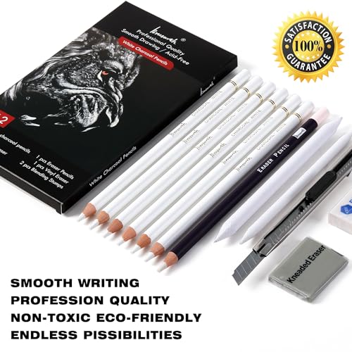 Brusarth Professional White Charcoal Pencils Set, 12 Piece | Sketch Highlight White Pencils Set for Drawing, Sketching, Shading, Blending, Artist Pencils for Artists, Beginners - color: White