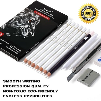 Brusarth Professional White Charcoal Pencils Set, 12 Piece | Sketch Highlight White Pencils Set for Drawing, Sketching, Shading, Blending, Artist Pencils for Artists, Beginners - color: White