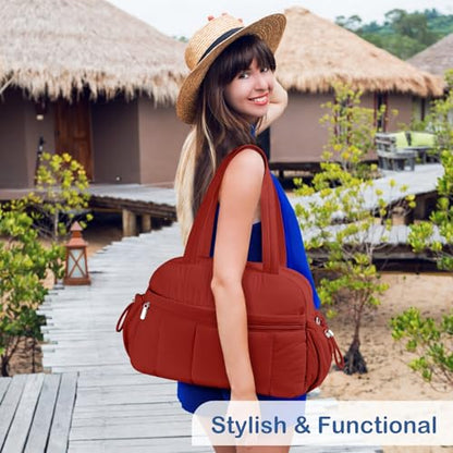TOPDesign Travel Duffel Bag for Women, Puffer Gym Bag Sports Tote with Wet Pocket, Carry On Weekender with Luggage Sleeve (Maroon) - color: Maroon