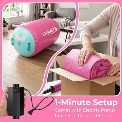 Gymnastics Air Barrel with Pump, Inflatable Back Handspring Trainer - color: Pink+Green, size: 3.3'L x 2.6'D