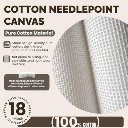 Needlepoint Blank Canvas 18 Mesh 19"x17" White, Rolled Crease-Free | 100% Pure Cotton, Rolled to Avoid Creases for Cross Stitch, Embroidery & DIY Crafts