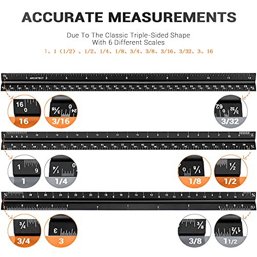 12" Architectural Scale Ruler Aluminum Architect Scale Ruler, Black | Triangular Scale Ruler for Architects, Draftsman, Students and Engineers - color: Black