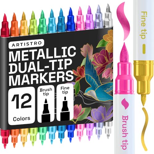 ARTISTRO 12 Metallic Dual-Tip Acrylic Paint Marker Pens for Drawing | For Fabric, Rock, Glass, Wood, & Molds, Arts & Crafts Gift for Adults, Teens, & Kids, Classroom Must Haves & School Supplies