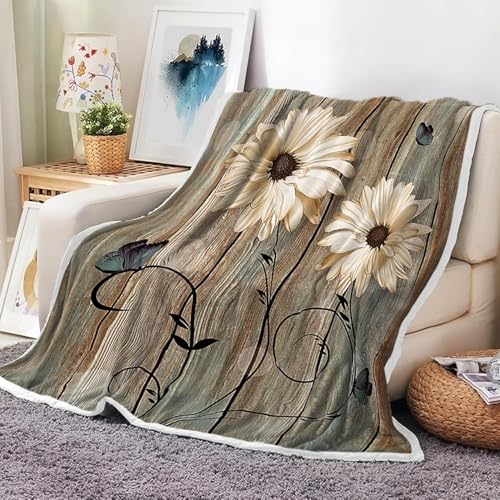 Rustic Floral Throw Blankets, Elegant Daisy Flower Butterflies Cozy Warm Bed Couch Blanket, Farmhouse Barn Wood Vintage Fabric White Fleece Flannel Throws to Decorate the Room and Bedroom - color: Floral, size: 50X60