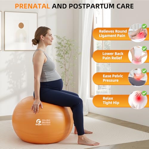 Gruper Yoga Ball, Extra Thick Non Slip Exercise Ball for Workout, Yoga, Pregnancy, 4 Sizes Anti Burst Chair for Home and Office, Includes Foot Pump & Fitness Guide - color: ['Orange'], size: 26 Inch (65cm),l