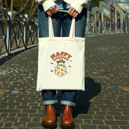 Kazova Halloween Canvas Tote Bag Cute Funny Ghost Tote Bag Cotton Reusable Grocery Shopping Beach Bag Halloween Shoulder Bag For Women Handbag - color: Ghost