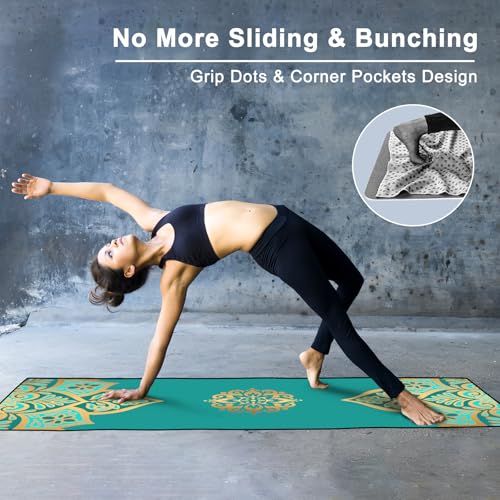 Hot Yoga Towel with Grip Dots, Non Slip, 74"x26", Turquoise Gold Mandala - color: Turquoise Gold Mandala, size: 74" x 26"