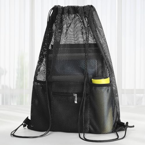 NATURAL STYLE Mesh Drawstring Backpack Bag, Gym Sports Bag with Zipper Pocket Bottle Holder, String Beach Bag for Swiming Travel (Black) - color: Black