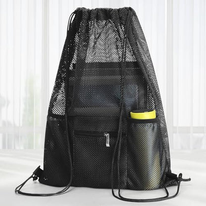 NATURAL STYLE Mesh Drawstring Backpack Bag, Gym Sports Bag with Zipper Pocket Bottle Holder, String Beach Bag for Swiming Travel (Black) - color: Black