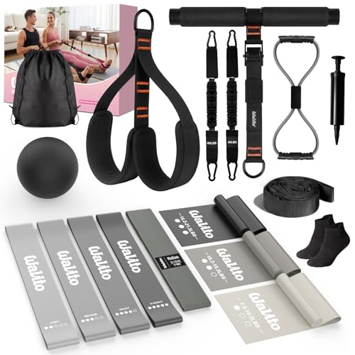 WALITO 15 PCS Pilates Kit, Adjustable Pedal Resistance Band with Handle, Figure 8 Resistance Band for Exercise Women, At Home Workout Equipment Set with Yoga Ball & Booty Bands for Full Body Gym - color: Black