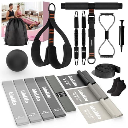 WALITO 15 PCS Pilates Kit, Adjustable Pedal Resistance Band with Handle, Figure 8 Resistance Band for Exercise Women, At Home Workout Equipment Set with Yoga Ball & Booty Bands for Full Body Gym - color: Black