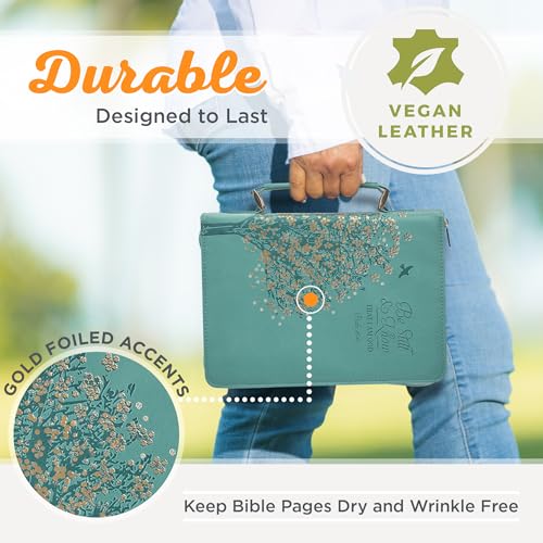 Christian Art Gifts Faux Leather Bible Cover for Women: Be Still and Know Teal Floral | Large, Handle, Sleeves, Storage Pockets, Pen Loops, Ribbon Bookmarks, Zipper, Bible Study Supplies - size: Large