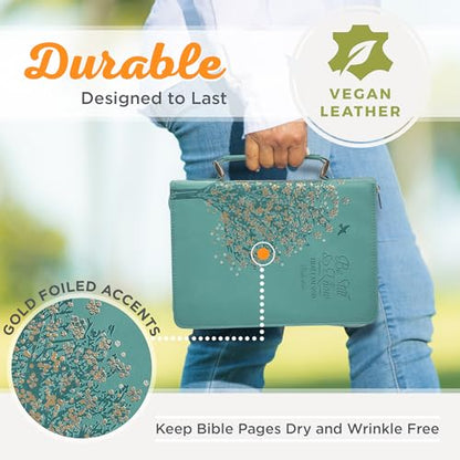 Christian Art Gifts Faux Leather Bible Cover: Be Still & Know Teal Floral | Psalm 46:10 Bible Verse, Handle, Sleeves, Pocket Storage, Pen Loops, Zipper, Encouragement Gifts for Women, Medium - size: Medium