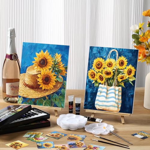 Ctosree 72 Pcs Sunflower Paint and Sip Kit for Adults 8'' x 10'' Pre Drawn Canvas for Painting DIY Pre Printed Canvas for Party Favor Acrylic Painting Kit Wood Easel Brushes Date Night Bulk - style: Sunflower