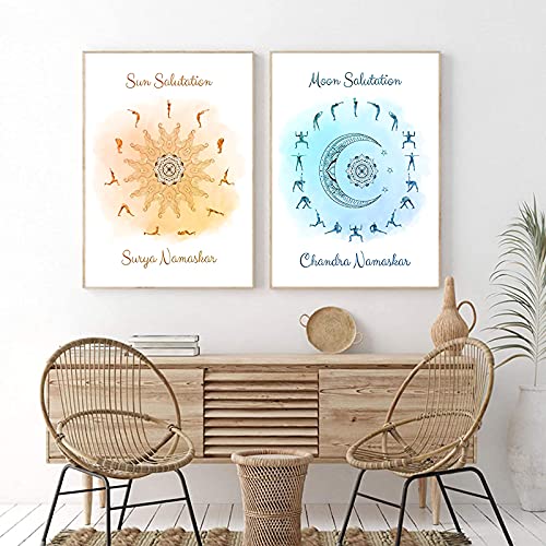 BACJUOPLDArt Yoga Sun Salutation and Moon Salutation Celestial Posters and Prints Yoga Studio Wall Art Decor Yoga Gift Art Canvas Painting unframed 16 Inches x 24 Inches inchx2