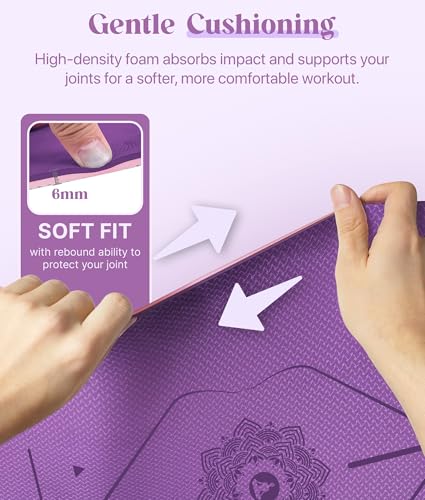ROMIX Pro Yoga Mat With Alignment Lines, 6Mm Thick Non-Slip Exercise Mat | 72 x 24 In TPE Large Pilates Mat For Home Workout, Stretching, Training, Meditation, Carry Bag Included For Women And Men - color: Purple