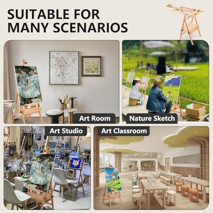 YOKUGO Beech Wood H-Frame Painting Easel with Storage Drawer, Natural | Heavy-duty Studio Easel, Adjustable Height & Angle Floor Easel Stand, Holds 30"-50" Canvas, Foldable Artist Easel for Adults - color: Natural