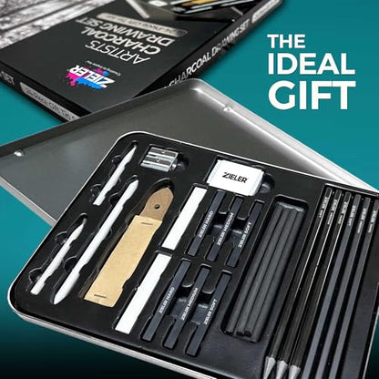 Artists Charcoal Drawing Set | 24-piece Gift Tin Set | The Ideal Starter Set