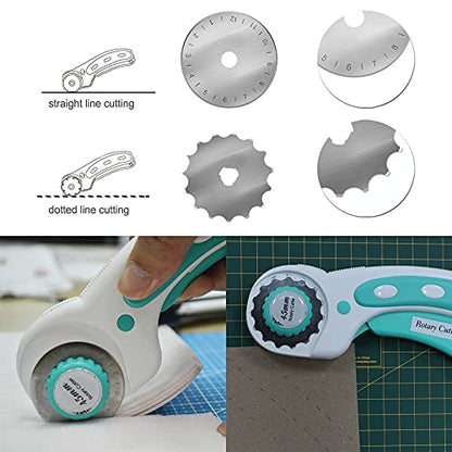 45mm Rotary Cutter with 9pcs Extra Rotary Blades, Ergonomic Rolling Cutter with Safety Lock for Fabric, Sewing, Quilting, Cloth, Paper, Leather, Crafting, Fabric Rotary Cutter (Cyan) - color: Cyan, size: 45mm