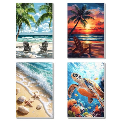 4 Pack Framed Paint by Numbers Kit for Adults Beginner Canvas Painting by Numbers for Adults Beach Easy Adult Paint by Number Kits with Frame Sea Turtle Watercolor Painting by Number 8x12 Inch - color: YFf0104