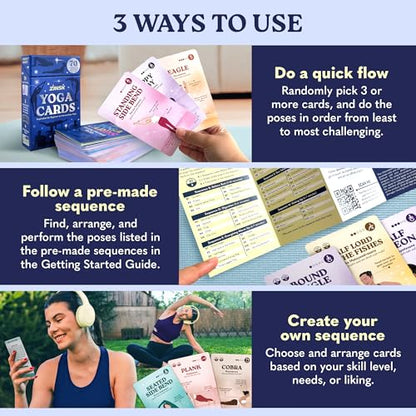 Zinsk 70 Premium Yoga Cards - Pose Flashcards with Beginner Instructions, Difficulty Levels, and Sequences - Deepen Your Practice with Alignment Cues, Modifications, Sanskrit Names & 10 Intentions