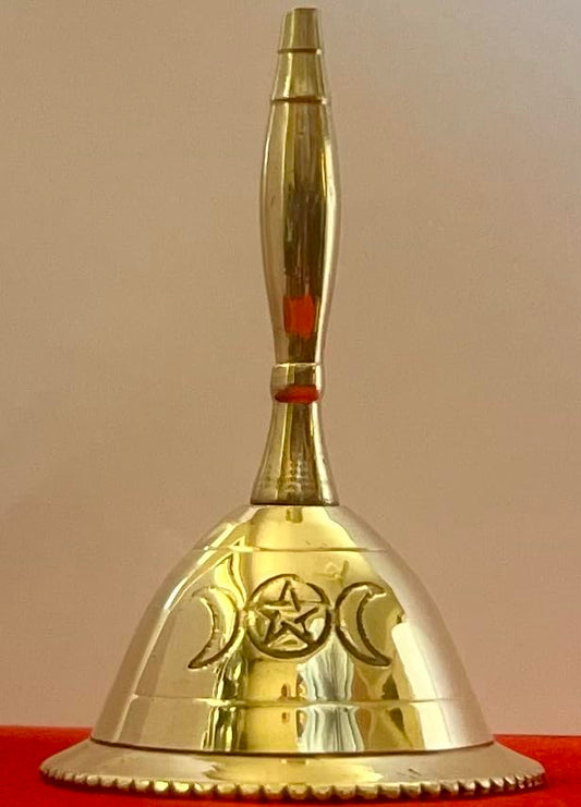 Indian Consigners Hand Bell Loud Brass Call Bells 3 Inches Altar Pendulam Use (Triple Moon Pentagram) - color: Triple Moon Pentagram