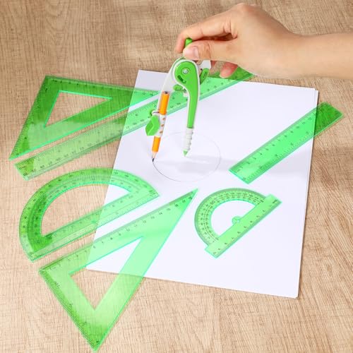 Zonon 1 Set Plastic Geometry Math Set 7 Pcs Includes 6'' / 4 '' Protractor, Drawing Compass, 45/60 Degree Triangle Rulers, 12'' / 6'' Math Ruler Transparent for Office Supplies(Green) - color: Green