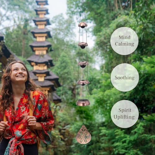 Copper Temple Wind Chimes with 5 Bells, Feng Shui Wind Bells for Outside - size: Floral Teardrop