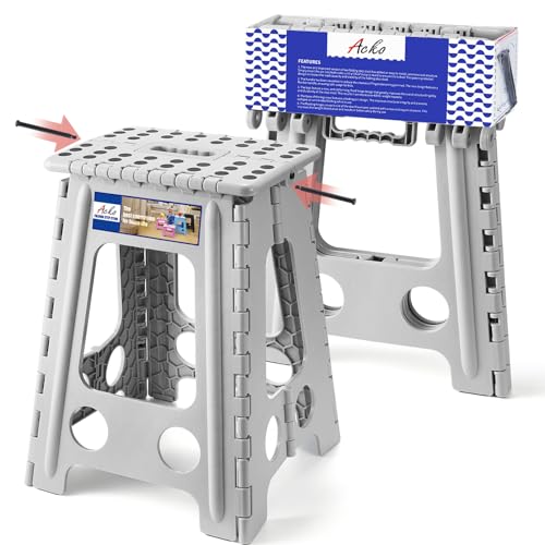 ACKO Folding Step Stool 17.5 Inch, 400 lbs Capacity Foldable Stools, Gray | Portable Heavy Duty Collapsible Foot Stool with Handle for Adults & Kids, Non-Slip, Safety Lock, Kitchen Bathroom Outdoor - color: Gray, size: 17.5 Inch