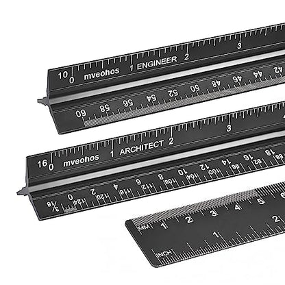 Architectural&Engineering Triangular Scale Ruler, 12 Inch Architectural Scale Ruler Set, Laser-Etched Aluminum with Stainless Steel Ruler for Architects, Students, Draftsman, Engineers (3 PCS) | 12'' Black Architectural Scale Ruler Set, Laser-Etched Alumi