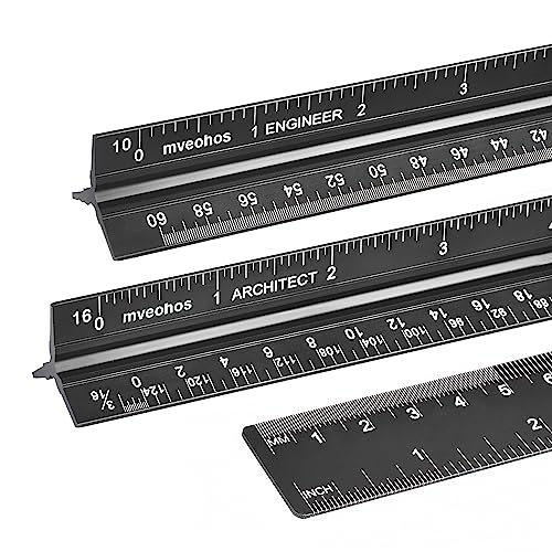 Architectural&Engineering Triangular Scale Ruler, 12 Inch Architectural Scale Ruler Set, Laser-Etched Aluminum with Stainless Steel Ruler for Architects, Students, Draftsman, Engineers (3 PCS) | 12'' Black Architectural Scale Ruler Set, Laser-Etched Alumi