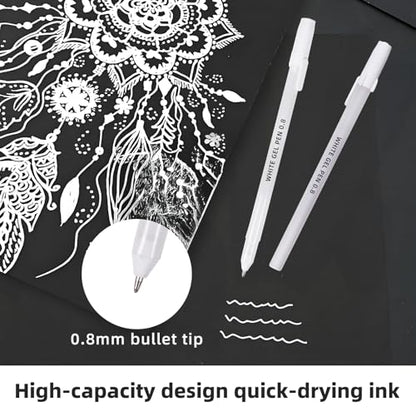 12 Pack White Gel Pens, 0.8mm Extra Fine Point, Premium White Ink Gel Pen, For Black Paper, Art, Drawing, Journaling